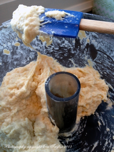 The dough should be loose enough to press through the Nokedli maker without much effort, but it should not be wet.