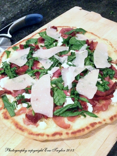 A slightly chewy crust made delicious by garlic infused goats cheese